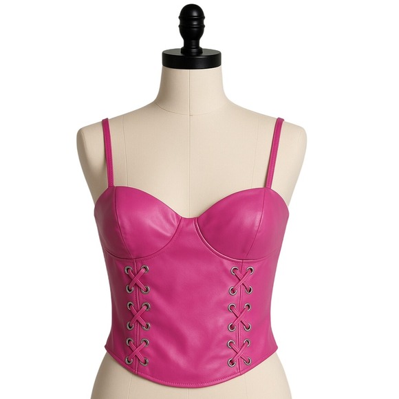 Jolie & Joy Hot Pink Faux Leather Corset Top – Lace-Up Sides – Y2K Style – M - Picture 1 of 6